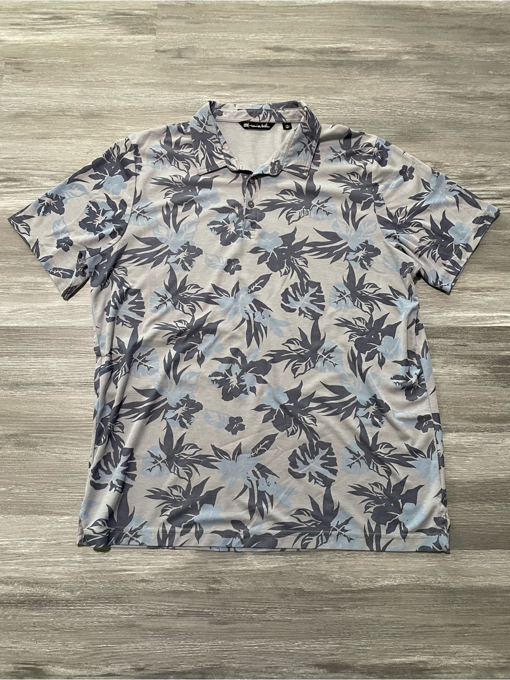 Travis Mathew Golf Polo Mens XXL Take the Bait Leaf Gray Blue Floral Pima Resort